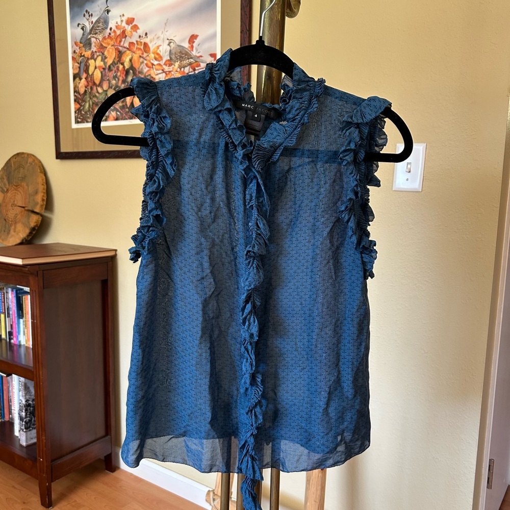Marc Jacobs Sheer Silk Blue Pattern Ruffled Lariat Blouse